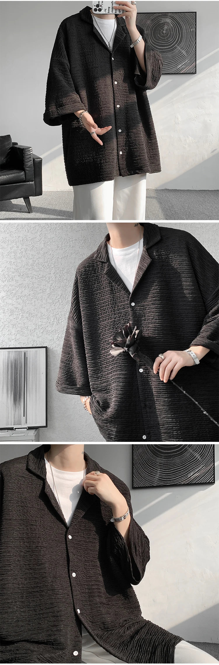 Ice Silk Shirt Men's High Quality Summer Fashion Brand ins 5-sleeve shirt loose casual masculina camisas hombre