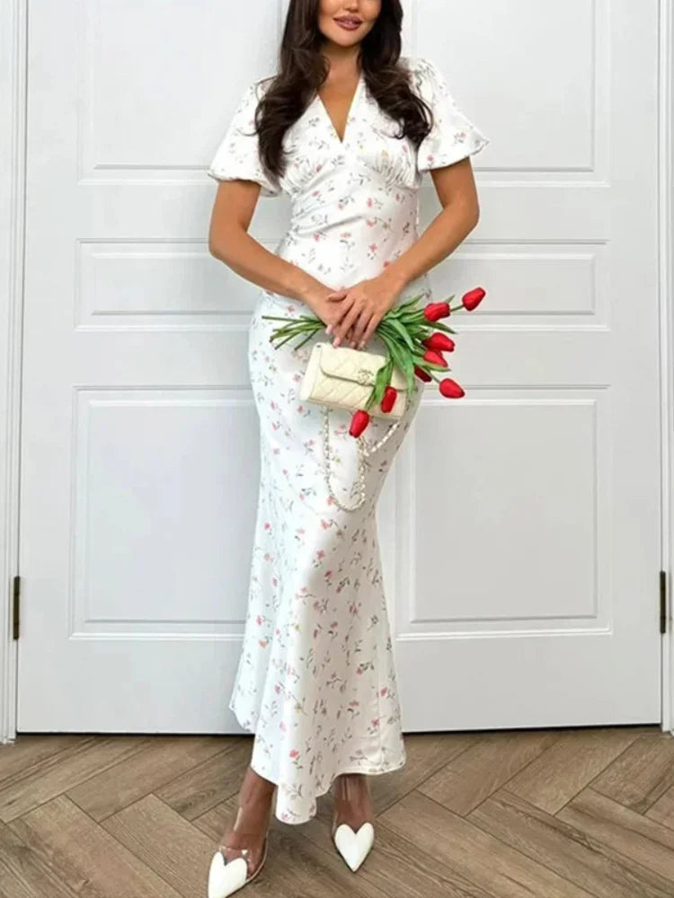 Elegant Printed V-neck Maxi Dress Women Fashion Satin Puff Short Sleeve High Waist Slim Long Dresses 2026 Summer Lady Party Robe
