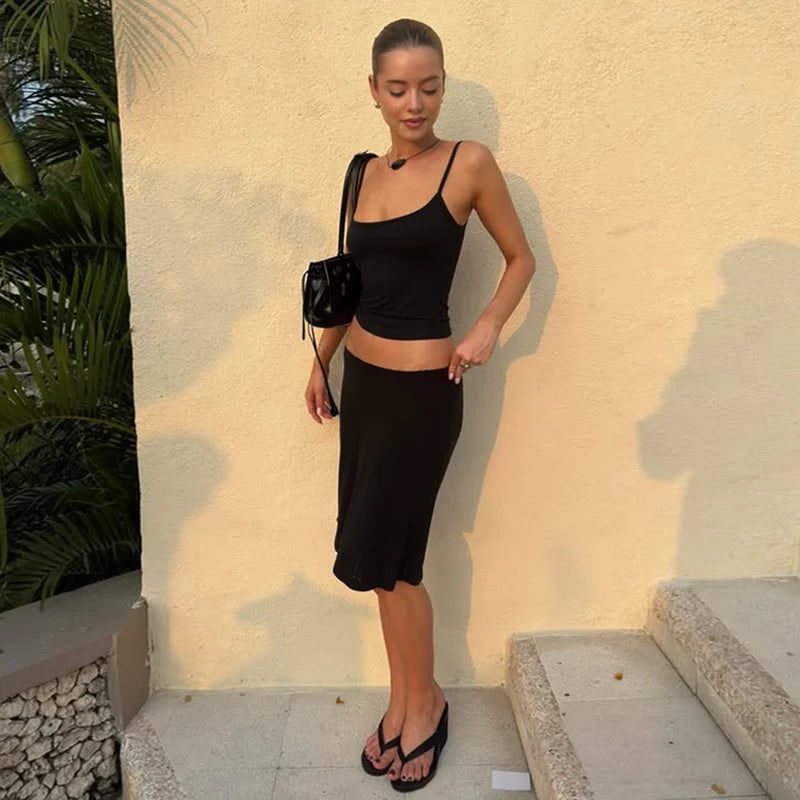 Hugcitar Casual 2 Piece Sets Solid Slips Backless Sexy Crop Camis Top Midi Skirt Women Summer Outfits Party Holiday Club