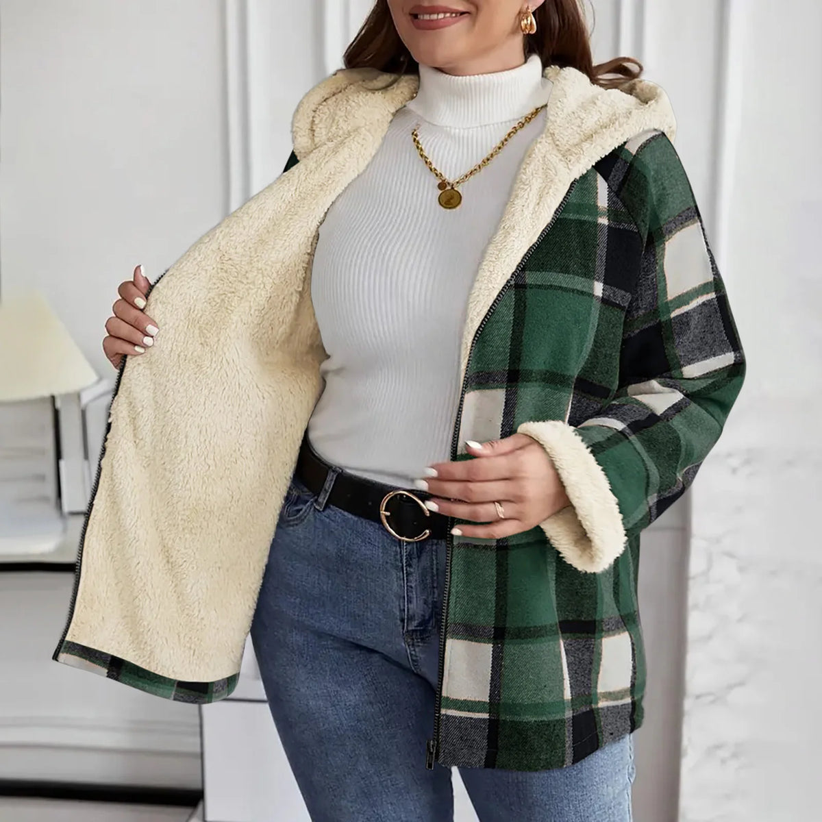 Women's Large Plaid Style Womens Jacket With Hooded Plaid Autumn And Winter Casual Loose Black White Plaid Coat Button Fall Top