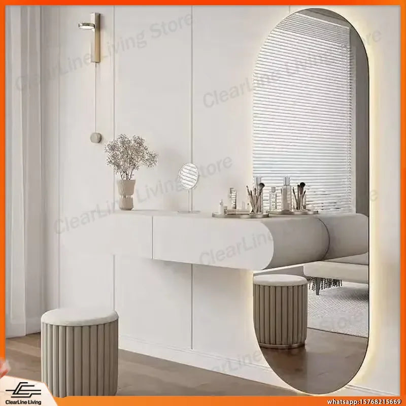Cream Minimalist Wall Mounted Dressing Table with Mirror Suspended Vanity Desk for Bedroom Small Space Modern Makeup Table