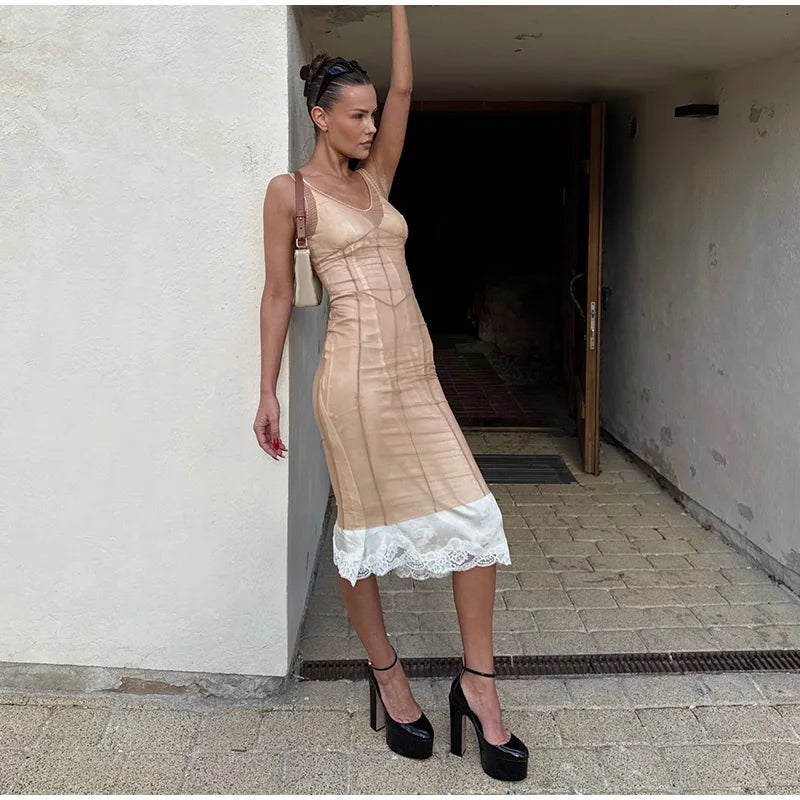 Sheer Mesh Overlay Spaghetti Strap Midi Dress Waist Cinched Sleeveless 2026 Summer Women Accessories Trendy Classy Lady Outfit
