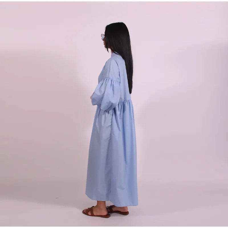 Solid Color Loose Fit Flare Sleeve Tiered Dress Crew Neck Ruffle Hem Pleated Long Maxi Dresses 2026 Spring Chic Casual Outwear