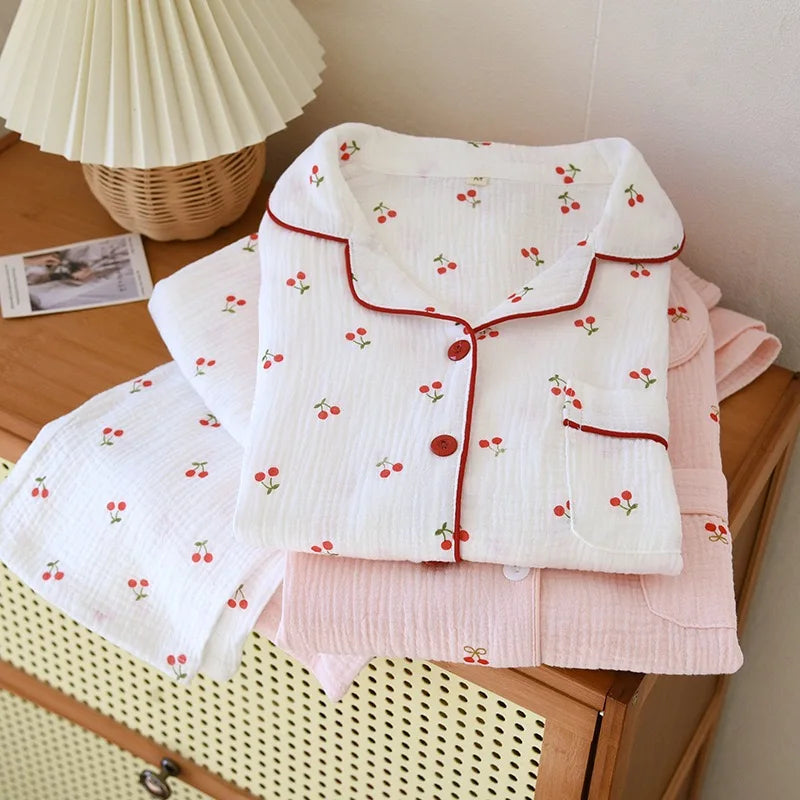 100% Cotton Women Pajamas Cherry print Pajamas Autumn Long sleeved pants Female 2 Piece Set Nightwear  Lady Pyjamas Loungewear
