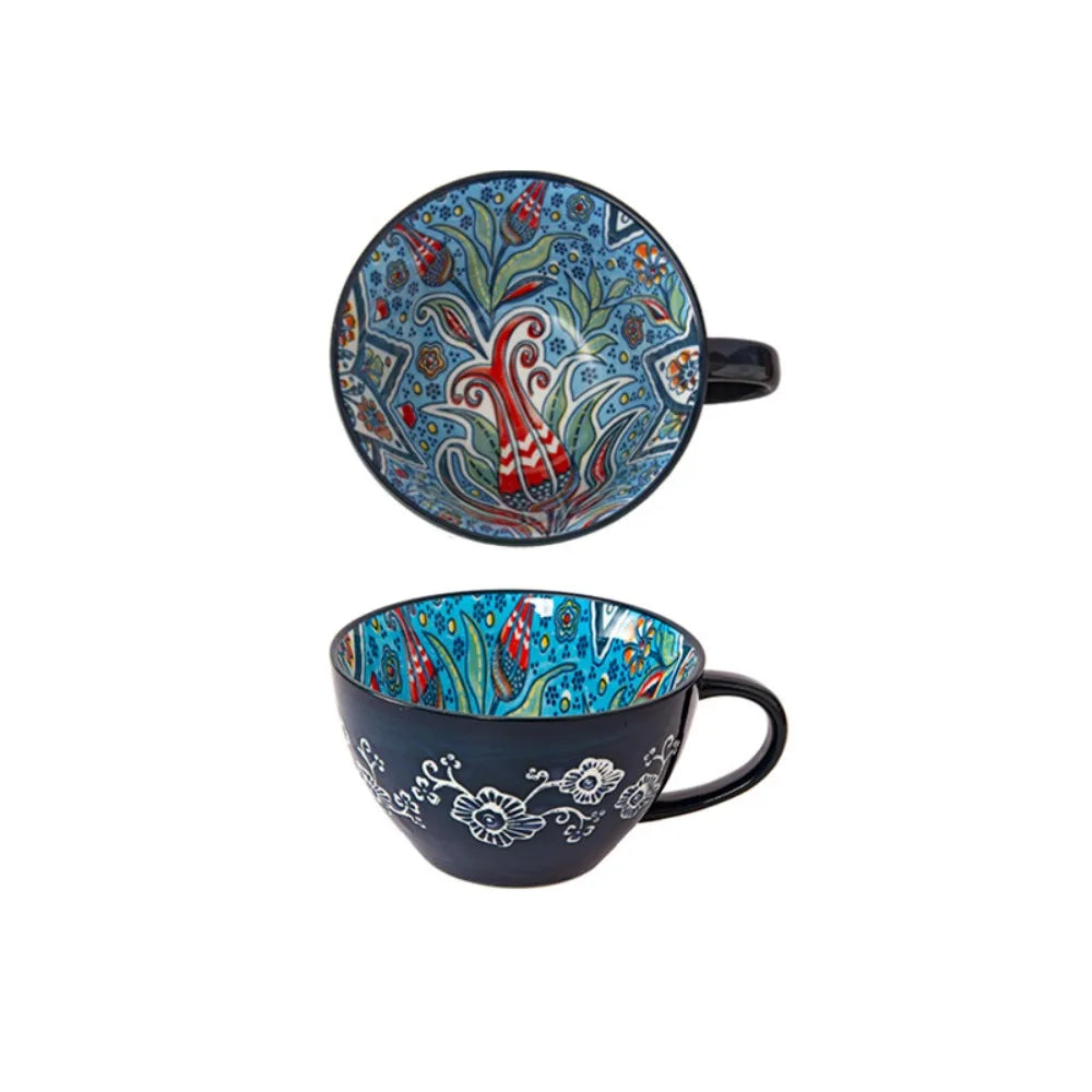 Creative Ceramic Bohemian Breakfast Cup Retro Flower Pattern Coffee Mug Microwaveable Large Capacity Milk Cup Friend Gift