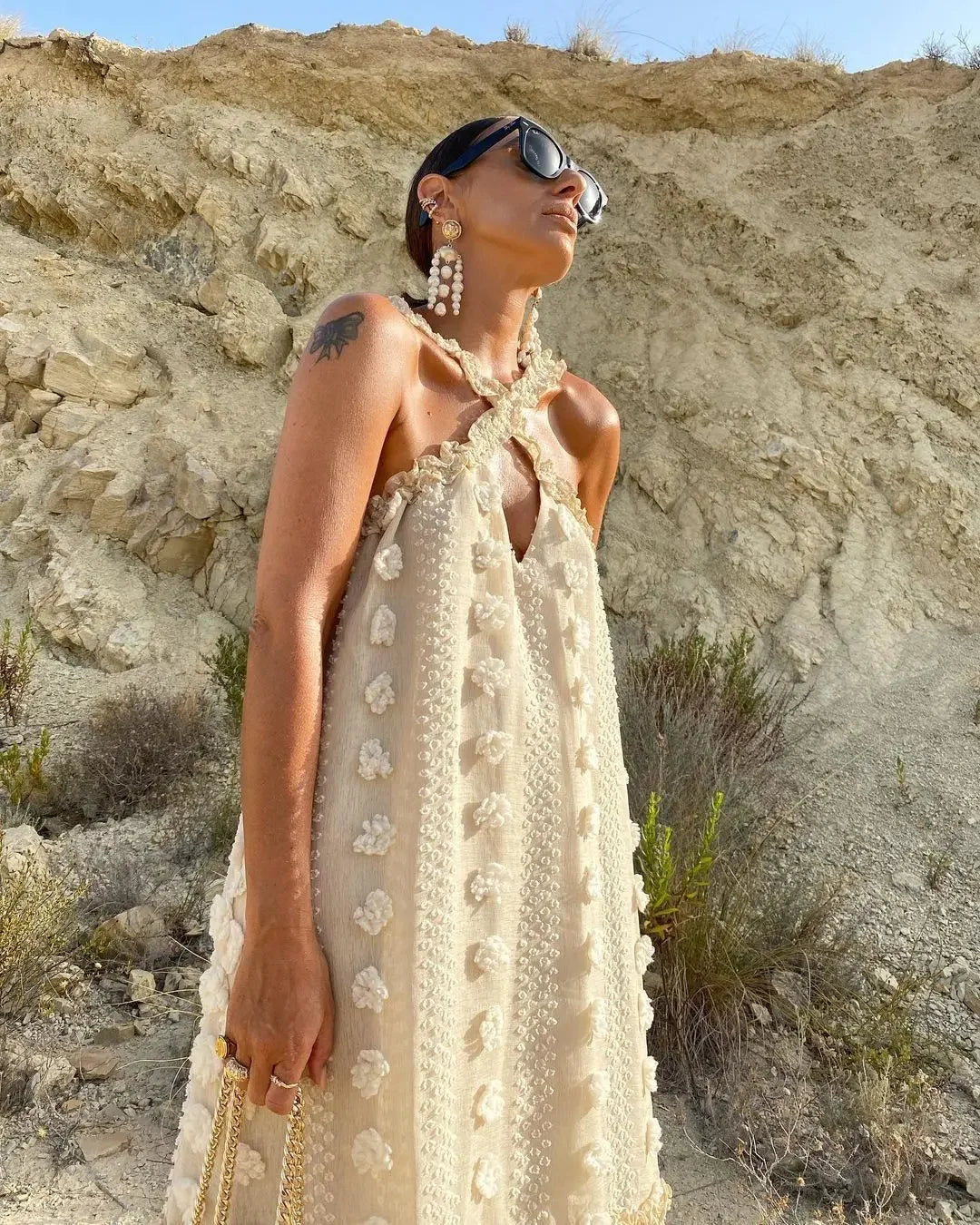 Sleeveless Halter Maxi Summer Dress for Women Fashion Ruffle Beach Long Robe 2025 Elegant Slip Holiday Hollow Out Sundress