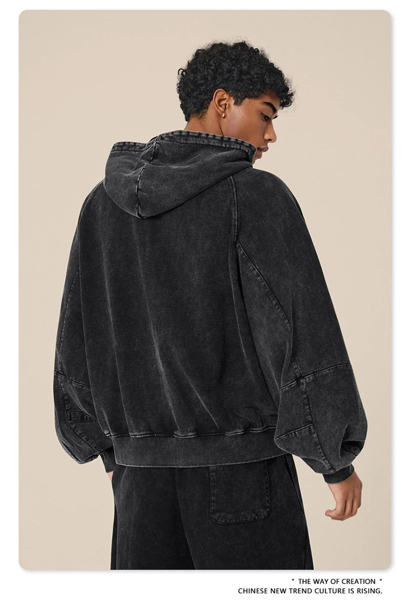 ZODF Heavy Wieght 480gsm Washed Cotton Boxy Zipper Hoodies For Man Unisex Retro Patchwork Off Shoulder Hooded Coats HY1152