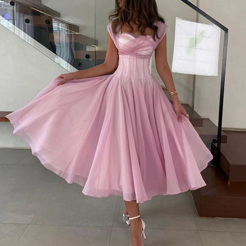 Women Fashion Backless High Waisted Ball Dress Elegant Christmas Party Long Dresses 2025 Sexy Square Neck Sleeveless Mesh Dress