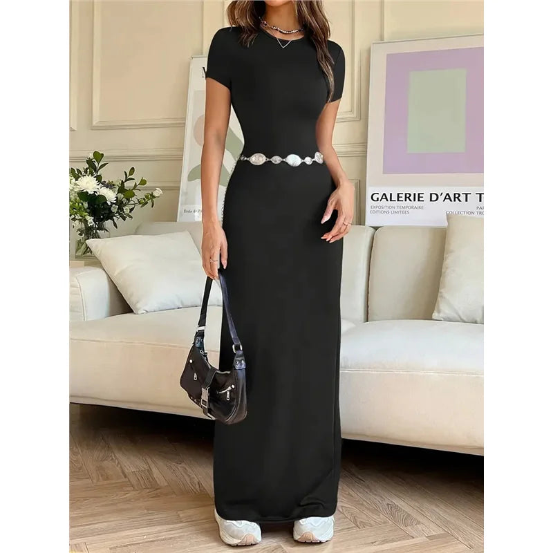 Sexy Slim Fit Short Sleeve round Neck Dress Pure Color Long Dress for Women LinJ2026 Casual European Style mid Waist Skirt