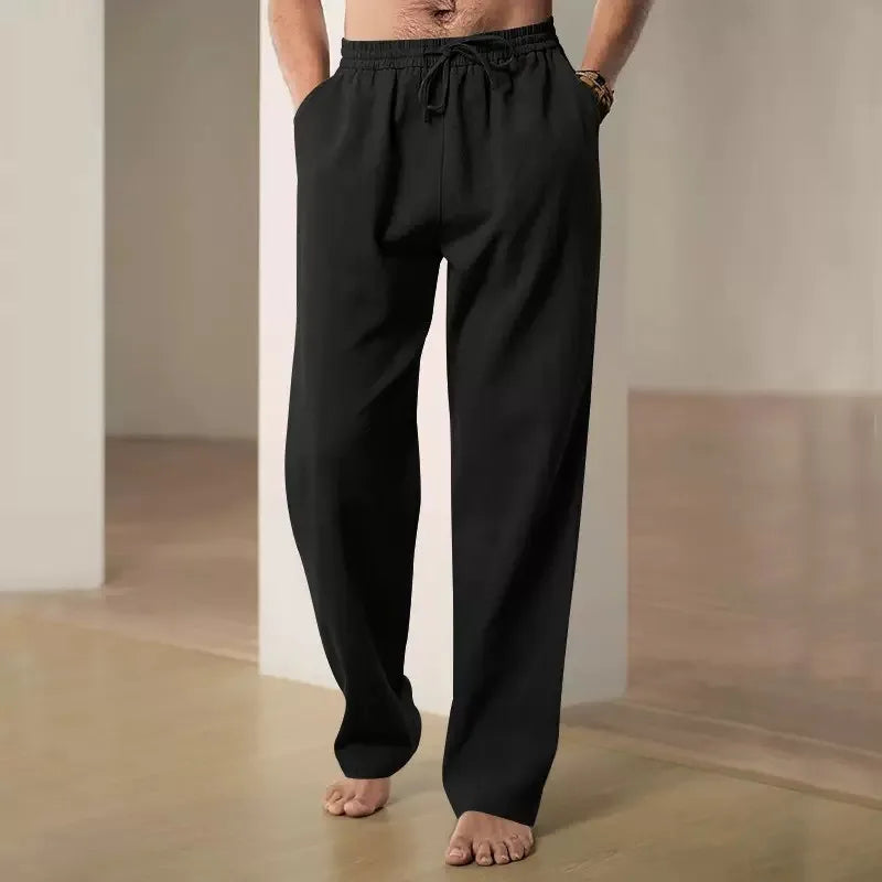 Men Drawstring Waist Linen Cotton Wide Leg Pants Thin Breathable Loose Casual Trousers For Spring Summer