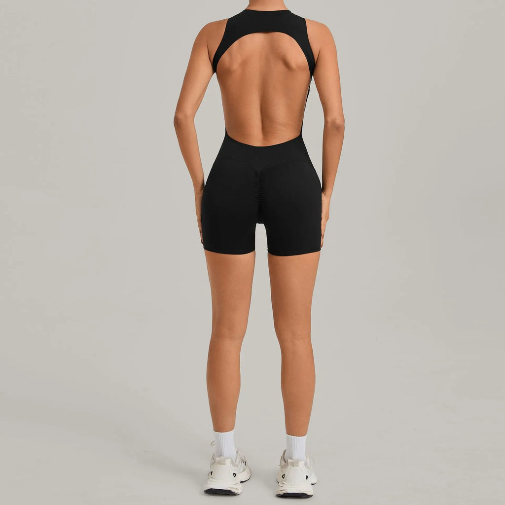 Sexy Hollow Backless Unitard Gym Women Romper Sleeveless Zipper Scrunch Butt Short Jumpsuit for Fitness Sports Short Playsuit