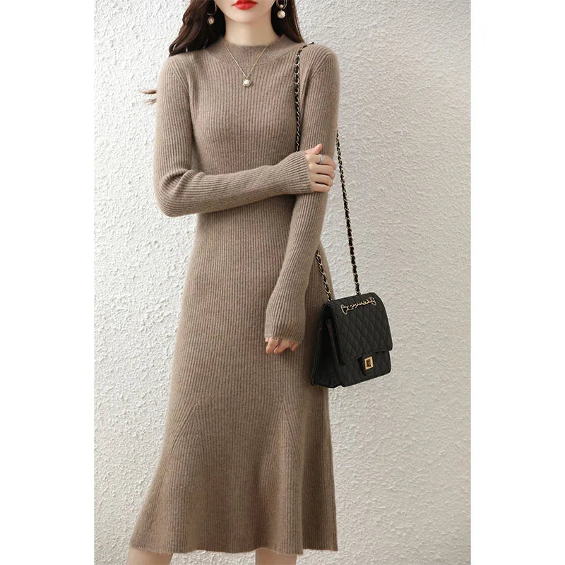 Cashmere Sweater Women's Knitted Dresses 100% Merino Wool O-Neck Elegant Party Dress Autumn Winter Female Pullover Casual Skirts
