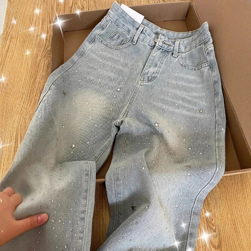 Elegant Light Blue Beaded Straight Denim Pants for Women High Waist Slim Fit Wide Leg Long Trousers