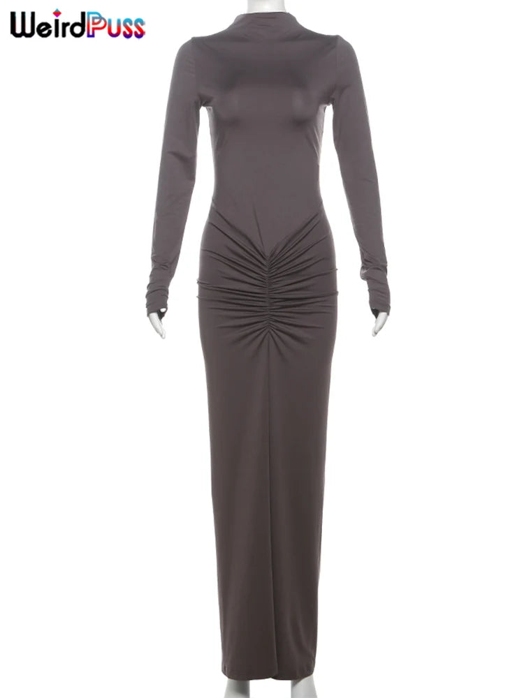 Weird Puss Hipster Ruched Dress Women O-Neck Full Sleeve Skinny Stretch Robe Autumn Trend Simple Classic Pleats Long Bodycon