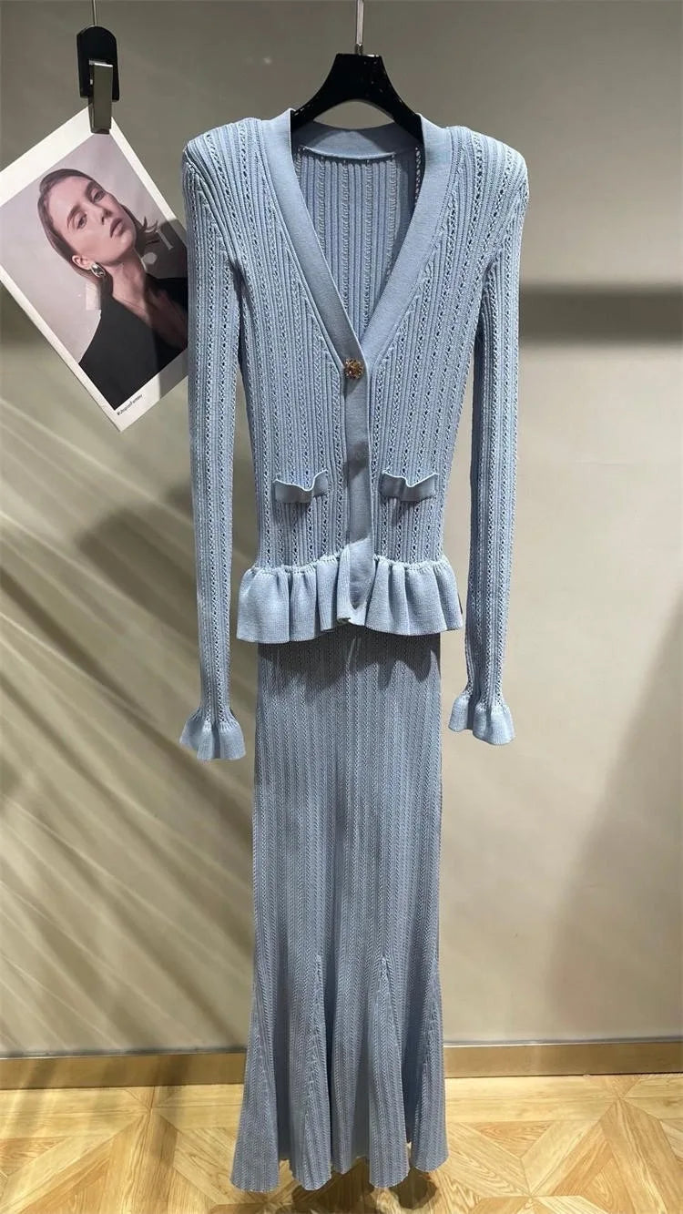 Celebrity temperament blue V-neck knitted women's dress ruffled splicing stretch Slim long fishtail dresses 2024 summer new
