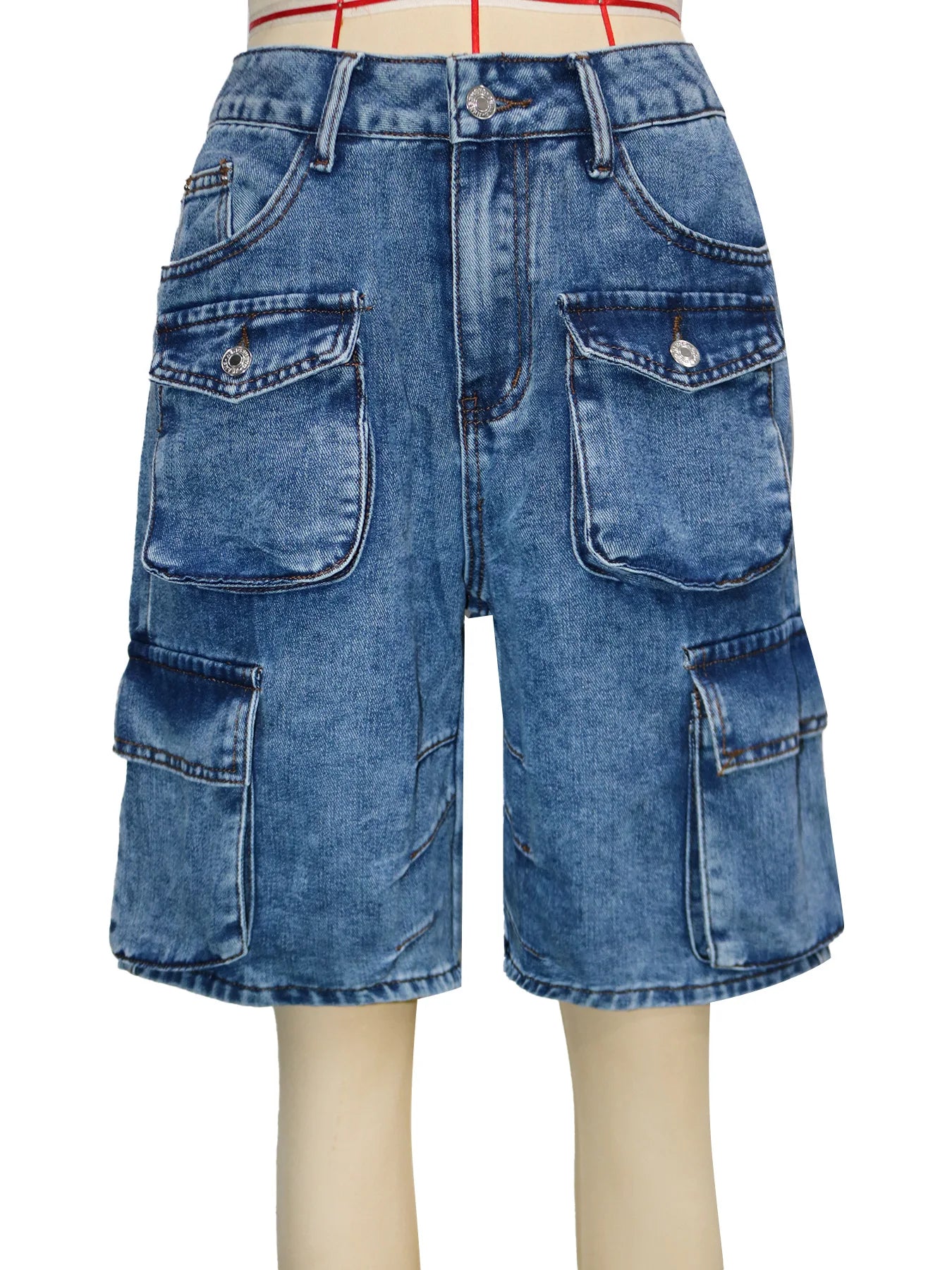 Shorts Women Knee Length Cargo Jeans Multiple Pockets High Waist Washed Distressed Streetwear 2025 Summer Denims Short Pants