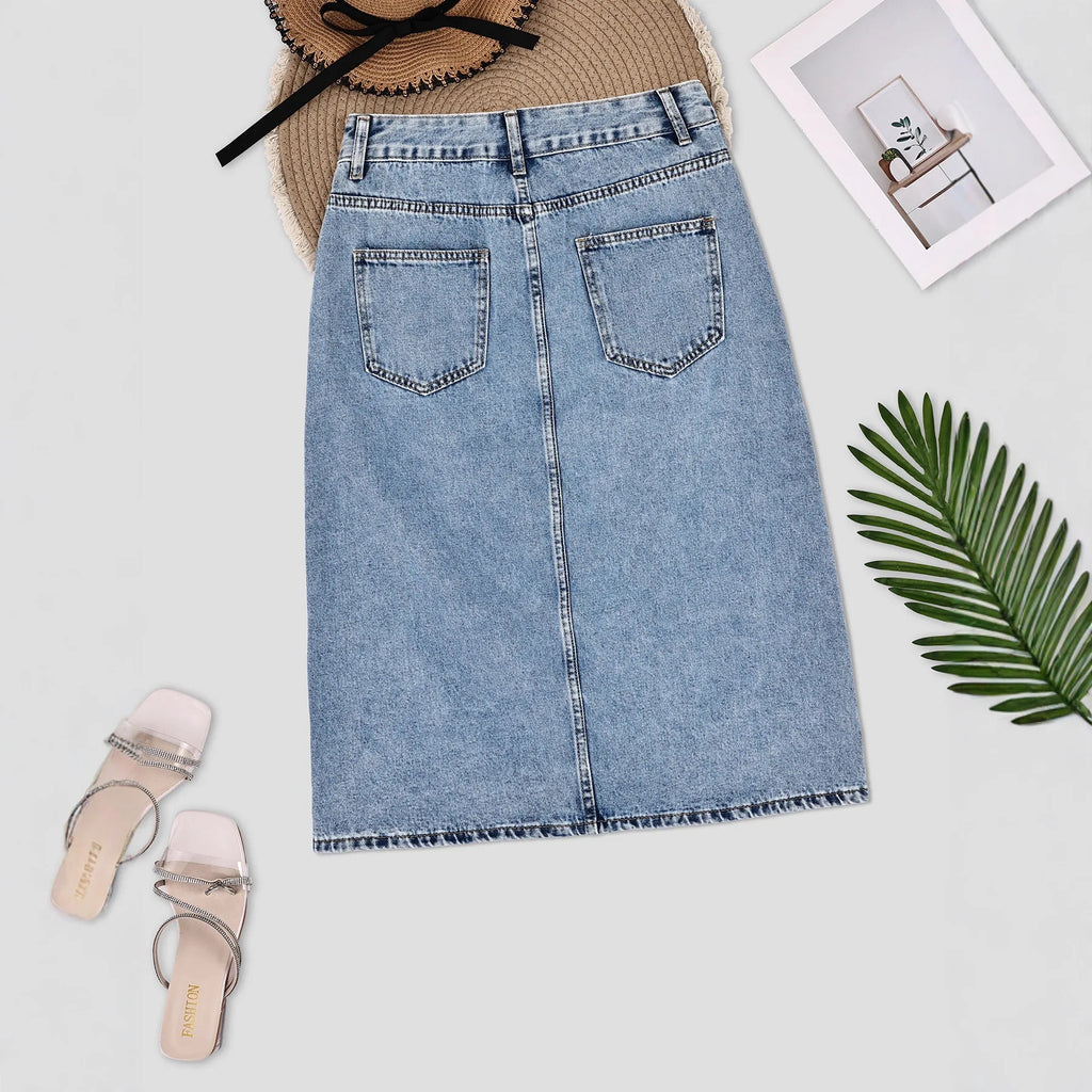 European Beautiful Woman High Waist Elastic Medium and Long Denim Skirt, Thin Split Fork Over Knee Hip Wrap One Step Skirt