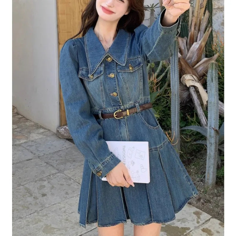 Denim Dress Women's 2026 Spring and Summer New High-end Sense, Unique Design Sense, Waist and Thin Long-sleeved Skirt