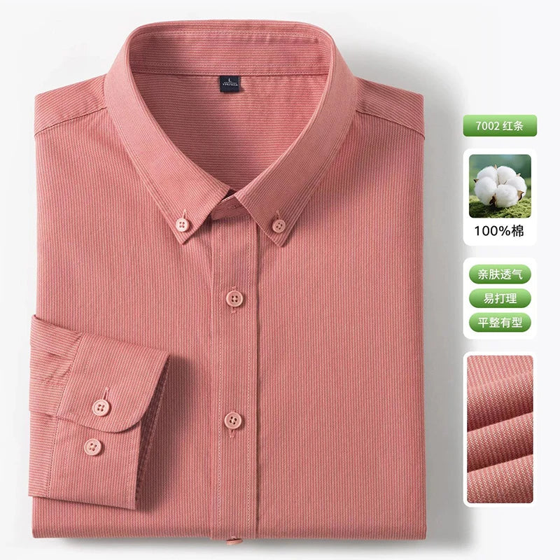 New 100% Pure Cotton Striped Shirt For Men's Long Sleeve Casual Regular Fit Soft Comfortable Business Social Shirts Men Clothing