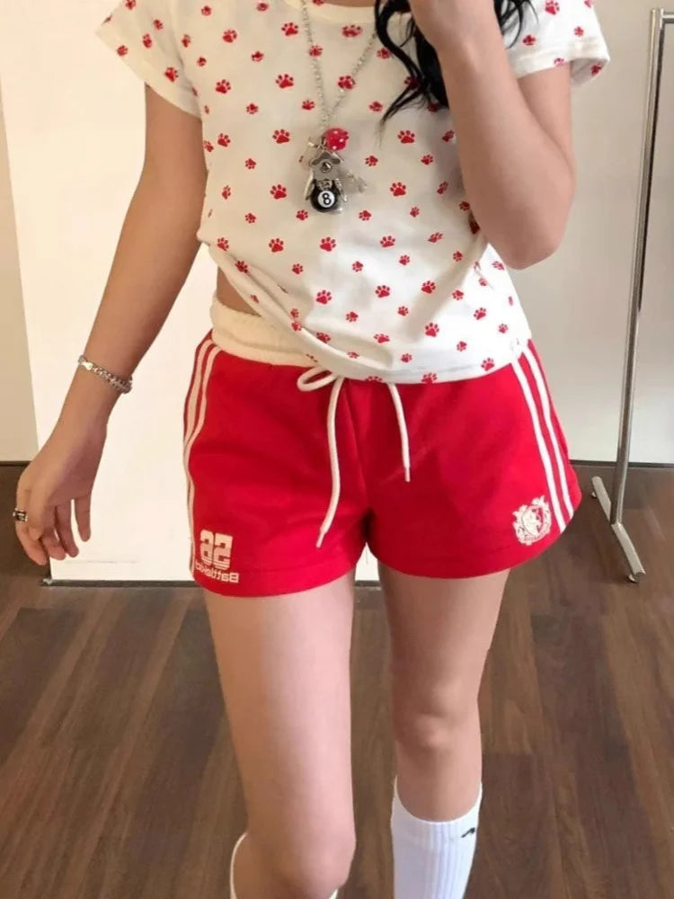 Casual Spicy Girl Striped Printed Drawstring Loose Shorts for Women, Korean Casual Versatile High Waisted Hot Pants for Summer