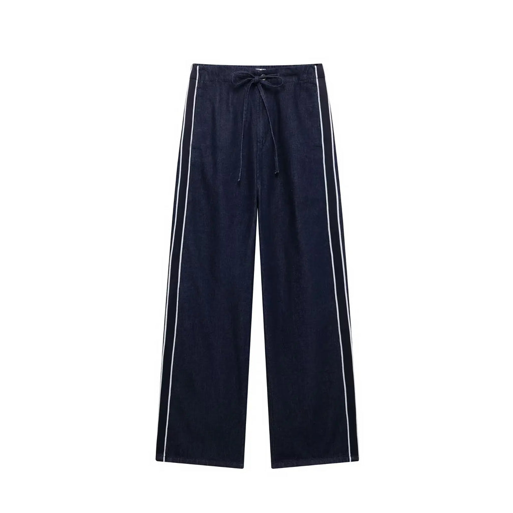 KONDALA Women High Street Denim Set Spring Fall Trendy Side Stripe Stand Collar Zipper Jacket Lace-up Pant 2026 Casual Pants Set
