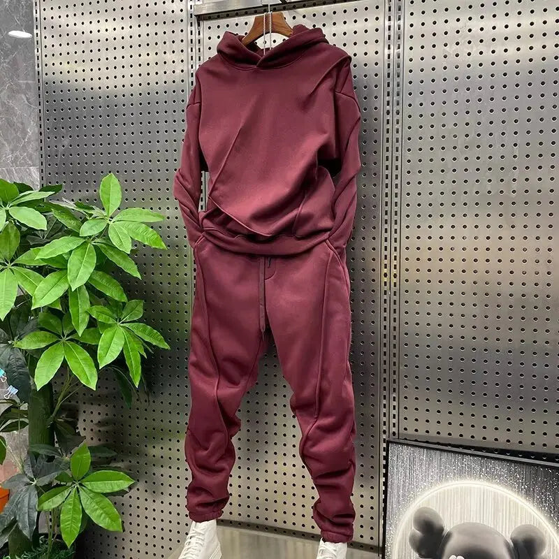 Men's autumn and winter solid color sports and leisure set, long sleeved hoodie, leg binding, youth 2pcs set