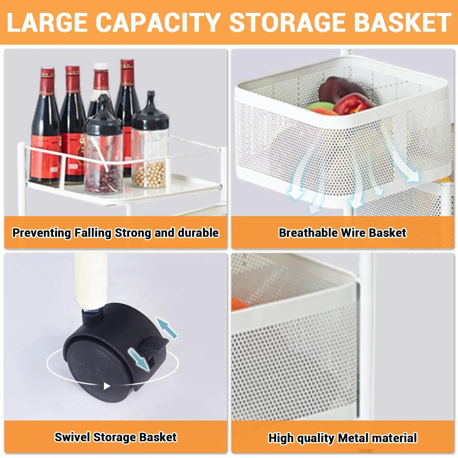 5-Tier Rolling Storage Cart with Rotating Baskets, Fruit & Vegetable Baskets Rotating Snack Rack for Kitchen Bathroom Craft Room