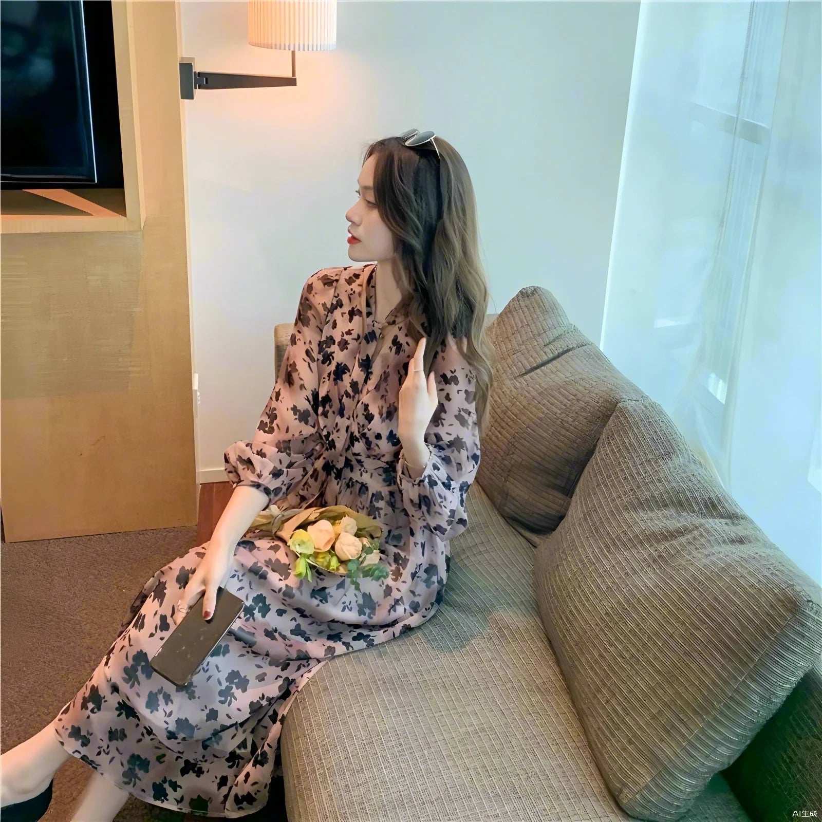 Women's chiffon lantern sleeve big swing dress V-neck floral long dress spring and summer French dress