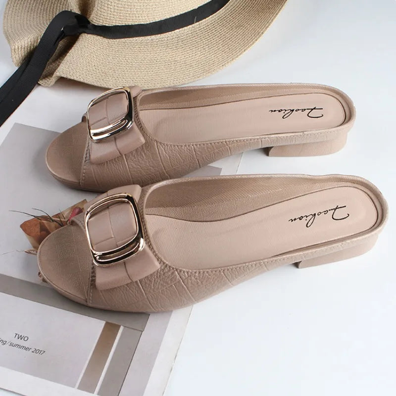 Summer Women Square Buckle Open-Toe Slippers Single Strap Flat Sandals Lady Solid Color Outdoor Beach Shoes Adult Casual Sandals