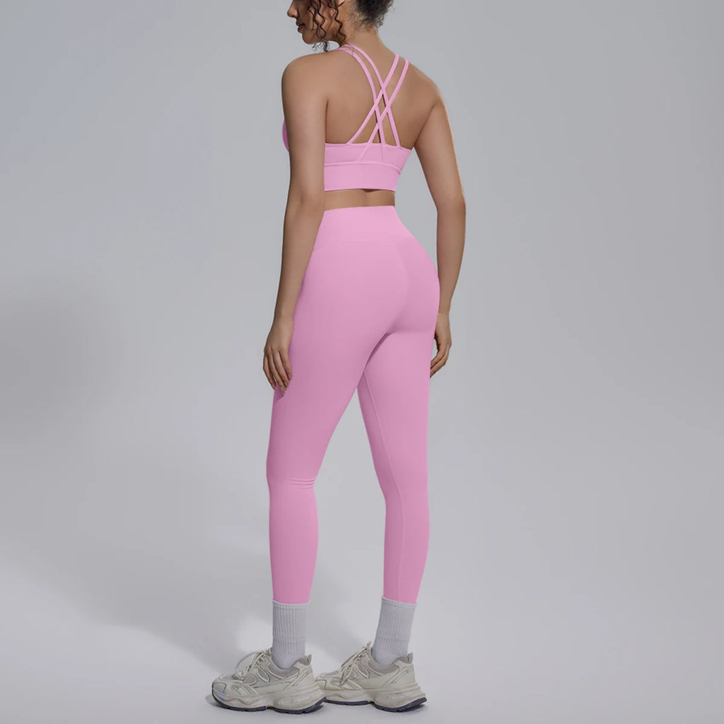 New Yoga Set for Woman Summer Gym Sports Running Bra Top Breathable Peach Buttocks Women Leggings Solid Color Yoga Set
