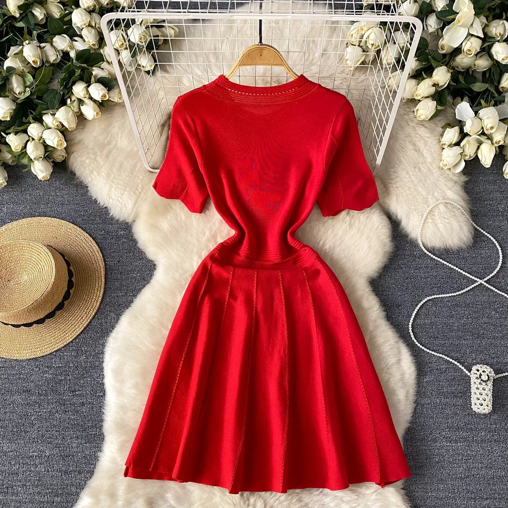 Red Senior Solid Knitting Dress Ladies O-Neck Short Sleeve Hollow Out Design Elastic Knitted Fashion Basic A-Line Dress