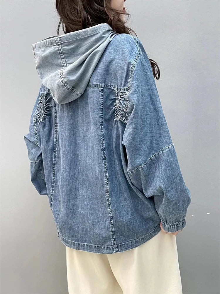 Amax luluE Spring Fashion Denim Hoodies Womens Vintage Hooded Classic Loose Sweatshirts Ladies Harajuku Leisure Korean Clothes