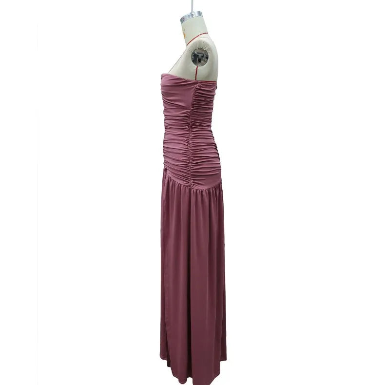 Solid Color Sexy Strapless High Slit Pleated Slim Fit Dress for Birthday Party Dinner Party Graduation Party Dress