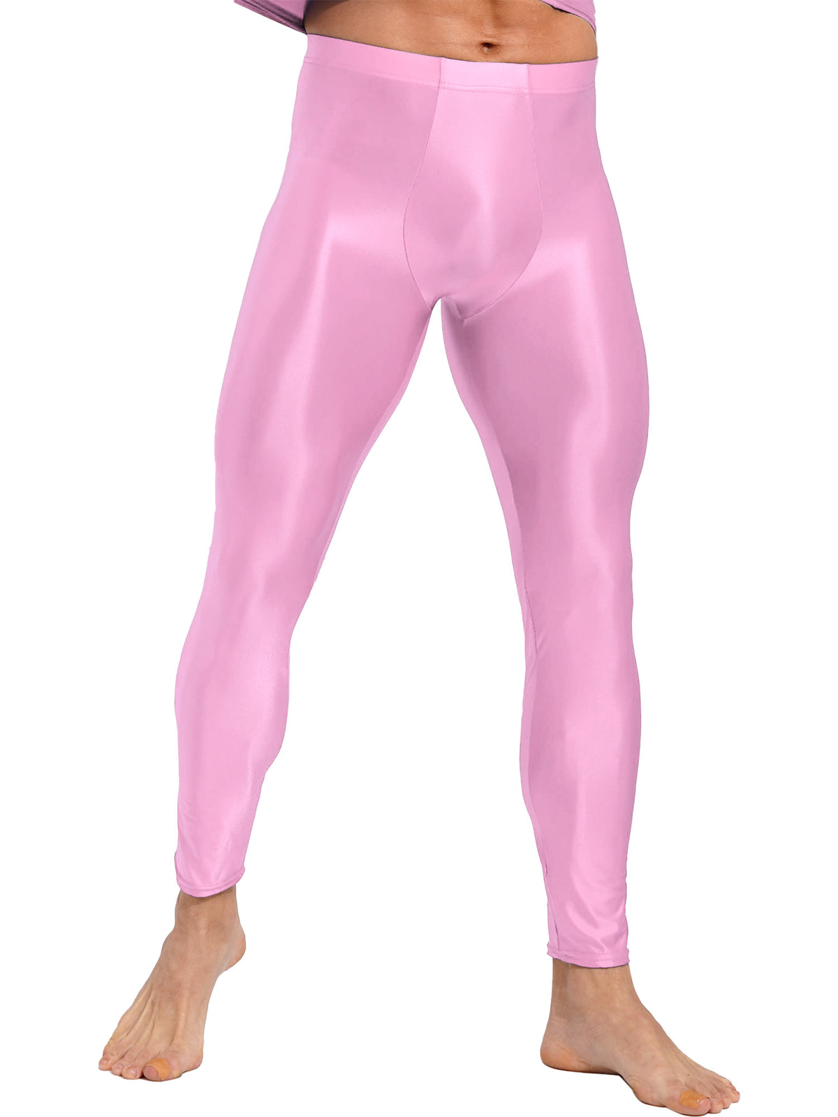 Men Elastic Waistband Skinny Shiny Yoga Tights Pants Solid Color Leggings Exercise Running Gym Fitness Training Sportswear