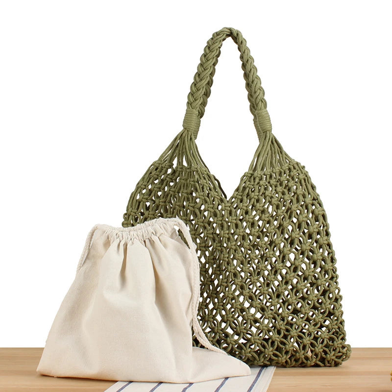 Hollow Crochet Mesh Woven Shoulder Bag With Inner Pocket,Women Solid Color Handbag,Summer Work Beach Vacation Commuting Tote Bag