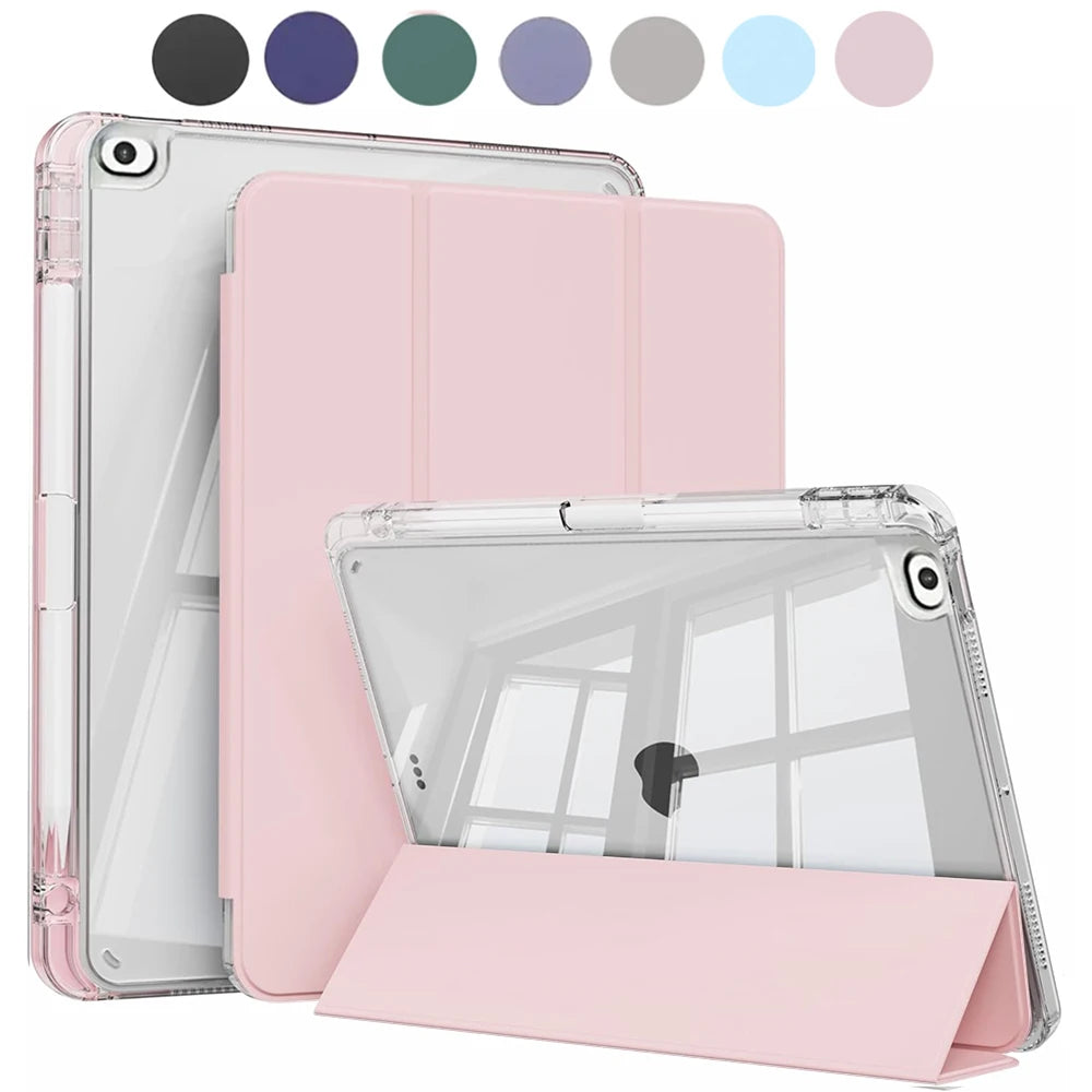 Case for iPad 5th 6th Gen Air 1 2 Case with Pencil Holder, Hard Clear Transparent Back and Soft TPU Shockproof Frame Cover