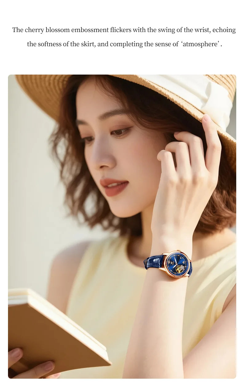 OLEVS 6732 Women's Watches Elegant Rose Gold Stainless Steel Hollowed Diamond Dial Automatic Mechancial Watch Gift Box for Women