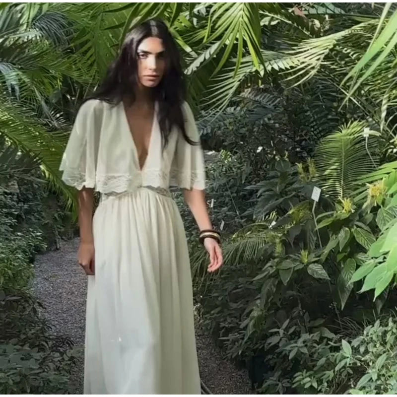 Lightweight Chiffon V-Neck Lace Insert Waist Maxi Dress Cutout Puff Sleeve 2026 Summer Women Party Dress Trendy Chic Lady Outfit