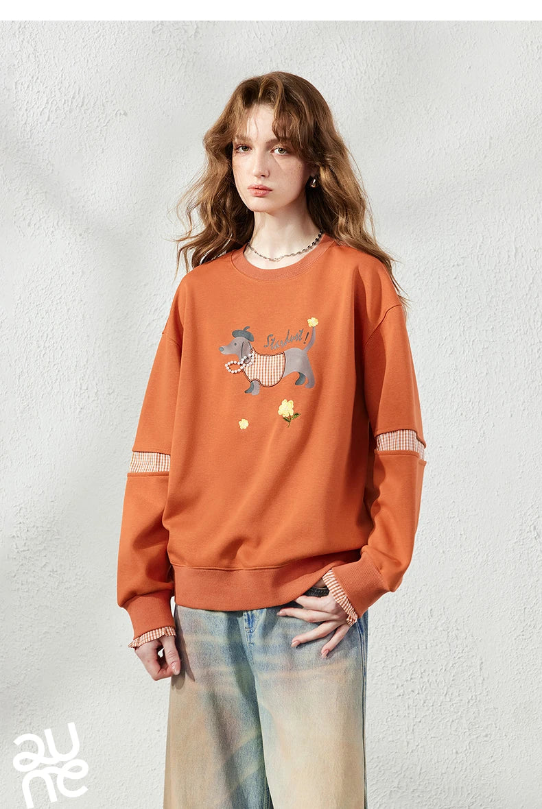 TOYOUTH Women's Sweatshirt 2026 Autumn New Loose Deconstructed Faux Two-Piece Plaid Dachshund Print Vintage Pullover Top