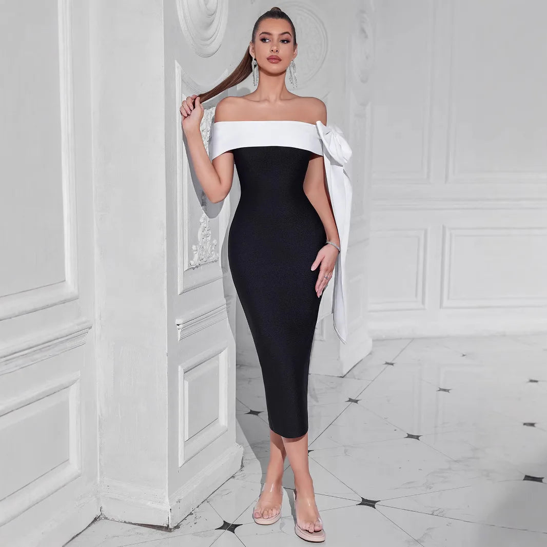 Sexy Single Shoulder  Knot Wrap Dress Splice Celebrity Style Slimming Evening Gown mid Waist Slim Fit Party Dress