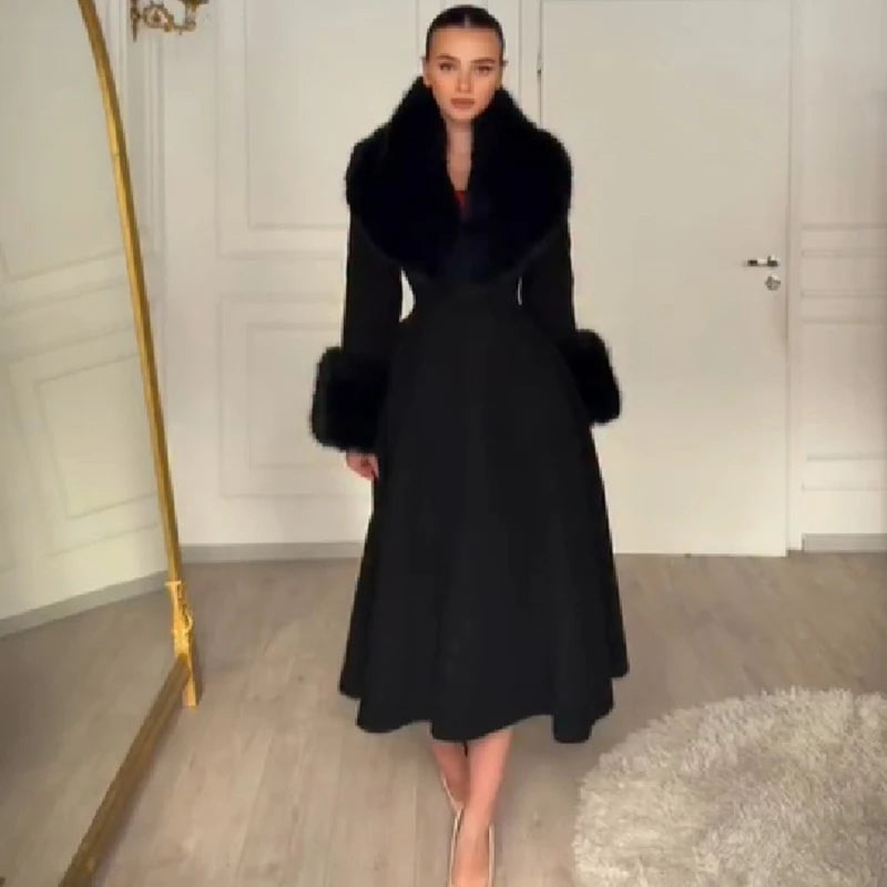 Women Detachable Faux Fur Collar Long Wool Blend Elegant A‑line Maxi Dress Coat Winter Vintage Luxury Slim Fit Wedding Outerwear