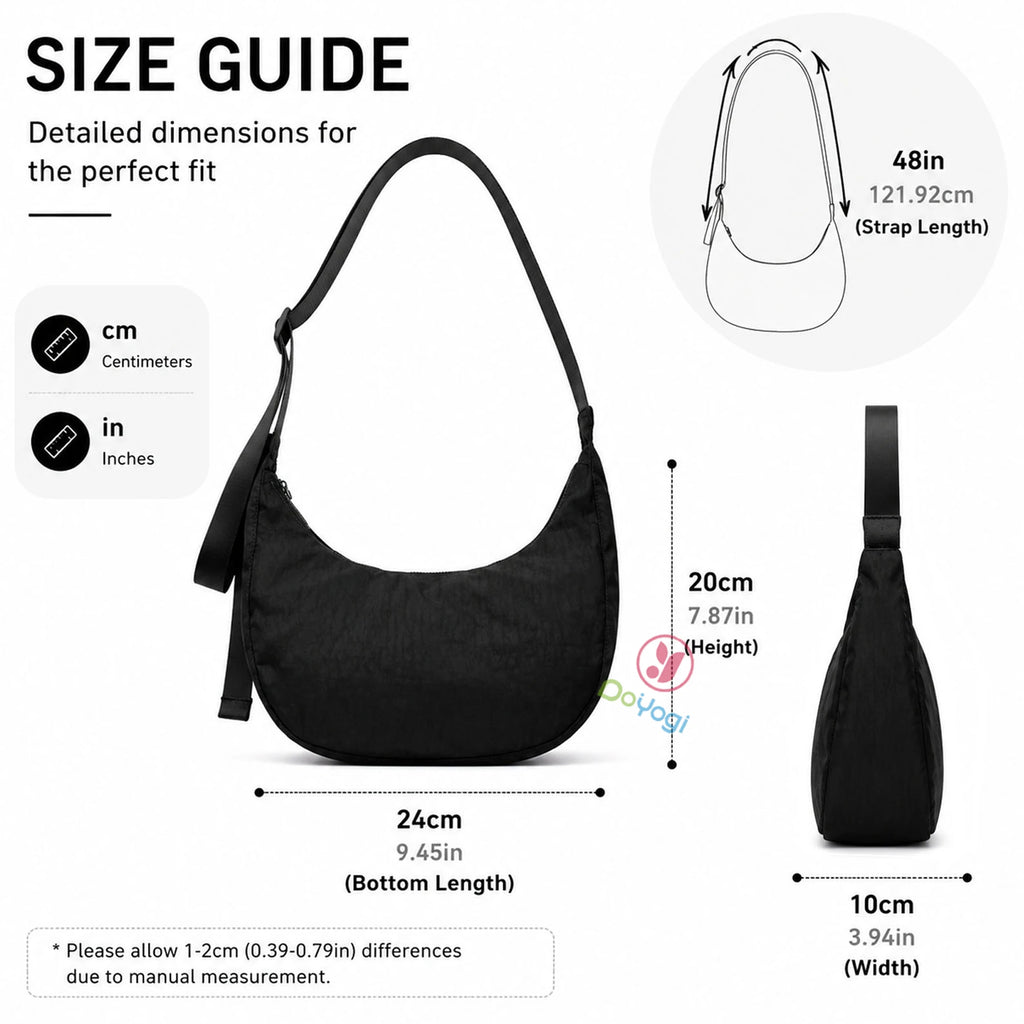 Nylon Medium Crescent Bag for Women Men,Crossbody Bag with Adjustable Strap&Dual Interior Zip Pocket Casual Daily Shoulder Bag