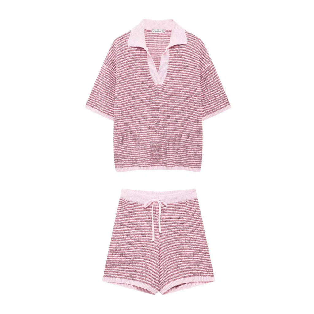 Holiday Retro Shorts Suit Summer New Women V Neck Knitted Tops Casual Lace Up Shorts Korean Fashion 2 Piece Sets Womens Outfits