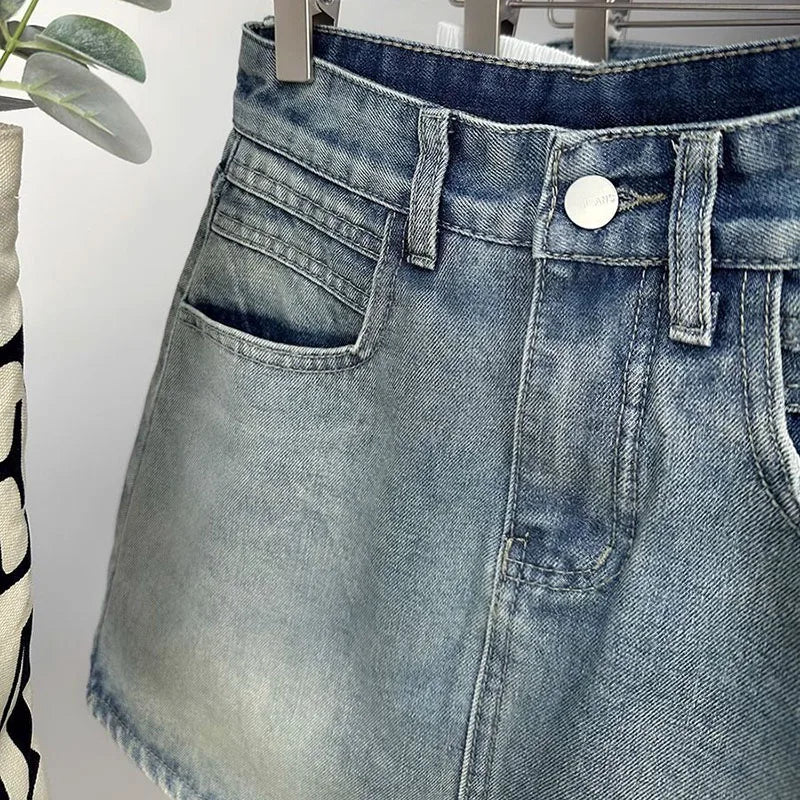 Women's Denim Skirts Vintage High Waisted Slim Fit Washed Jean Mini Skirts for Woman 2025 New Fashion Y2K A-Line Short Skirts