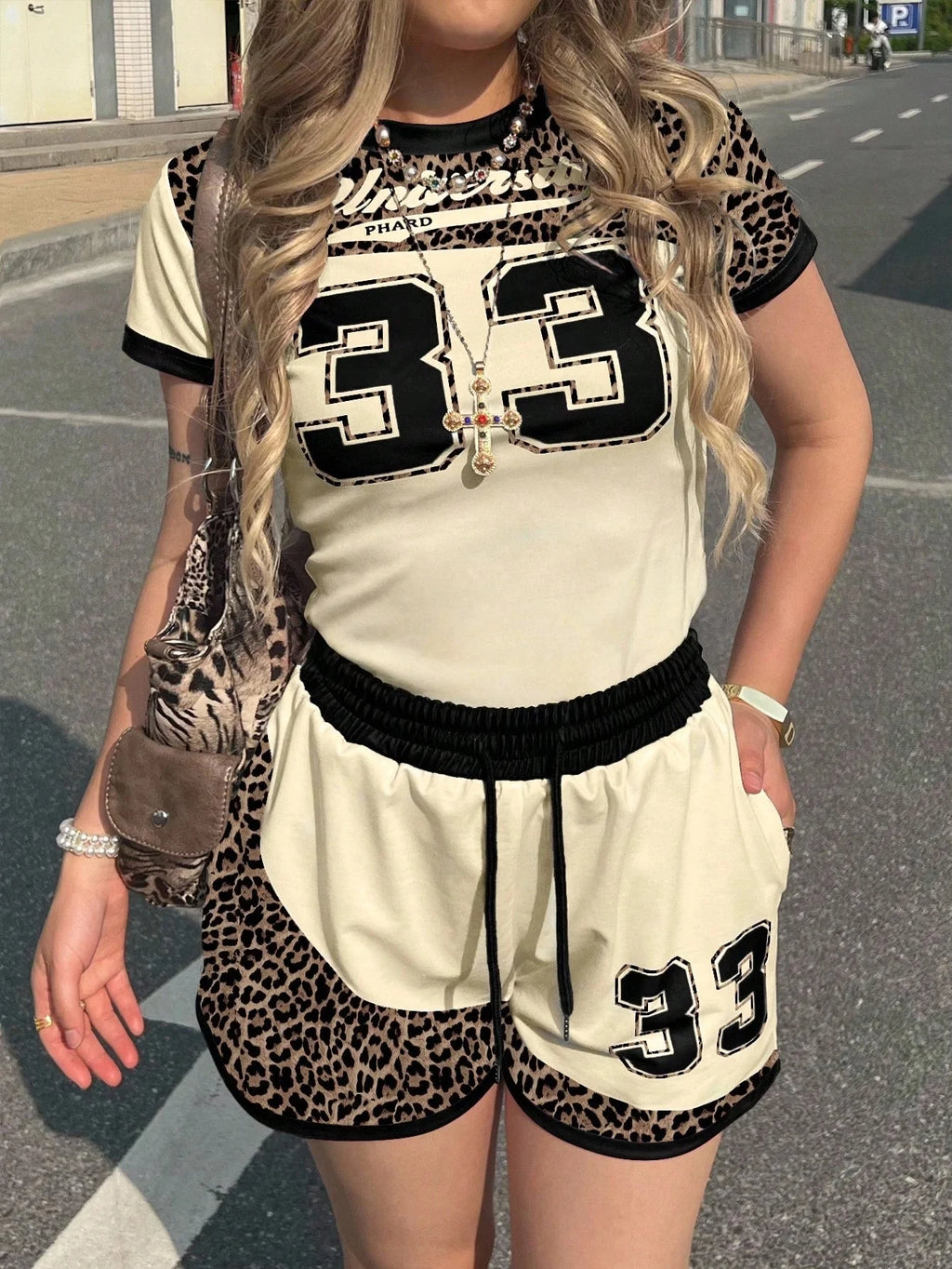 New Summer American Street Trend Spicy Girl Ins Style 33 Jersey Element T-shirt Set Casual Oversized  Top Shorts FamilyMatching