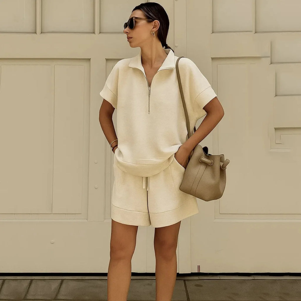 2026 Summer New Long-sleeved Shorts Sweater Set Solid Color Fashion Casual Short 2-piece Set