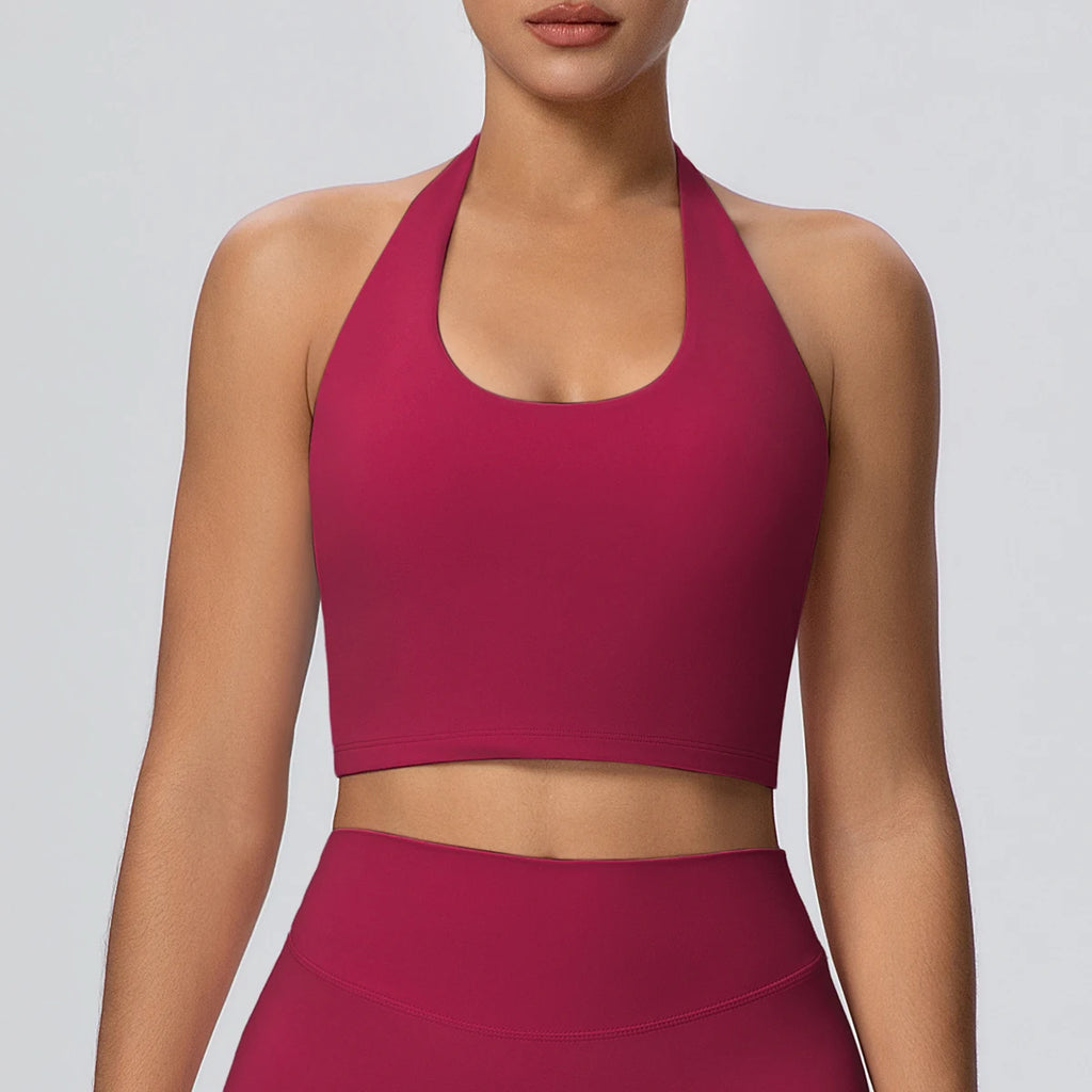 Woman Solid Color Sexy Neck Strap Bra Yoga Underwear With Chest Pad Backless Gather Shockproof Gym Workout Top Sports Yoga Bra