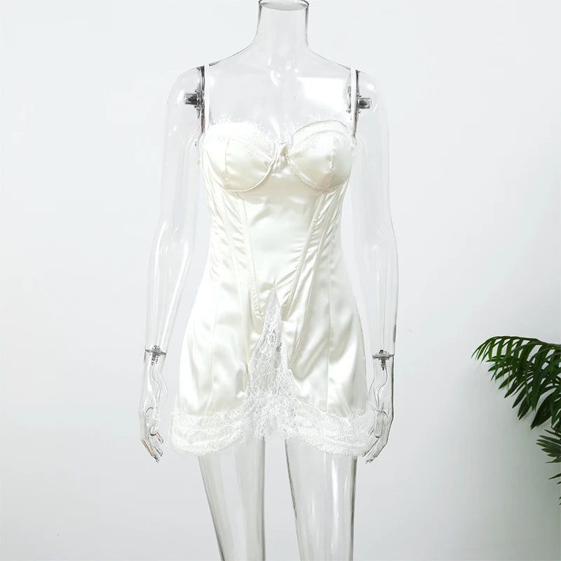 Solid Satin Lace Corset Mini Dress Women Sexy Spaghetti Strap Sheer Panel Slim Fit Short Dresses 2026 Trendy Lady Night Out Wear