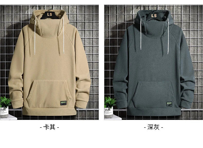 Men's Polar Fleece Sweatshirt Solid Color Street Style Autumn Winter Men Hood Sports Windproof Oversized High Collar Hoodie 5XL