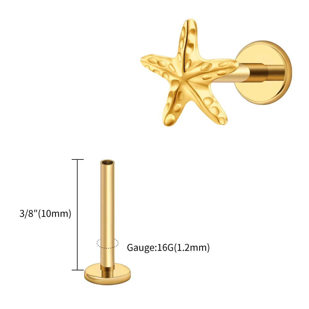 Right Grand ASTM F136 Titanium Tiny Starfish Cartilage Earring 16G Flat Back Labret Helix Stud Earlobe Piercing Summer Jewelry